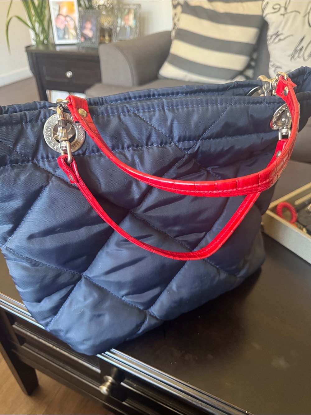 Quilted Navy Tote with Red Handles